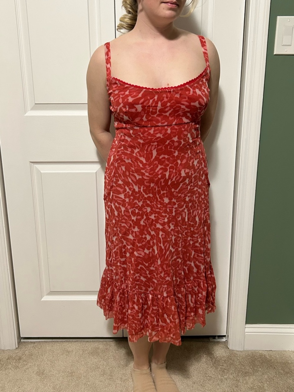 Vintage Y2K Westonwear medium red abstract print spaghetti strap dress pockets